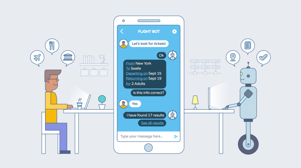 Chatbot illustration of conversation between a man and robot